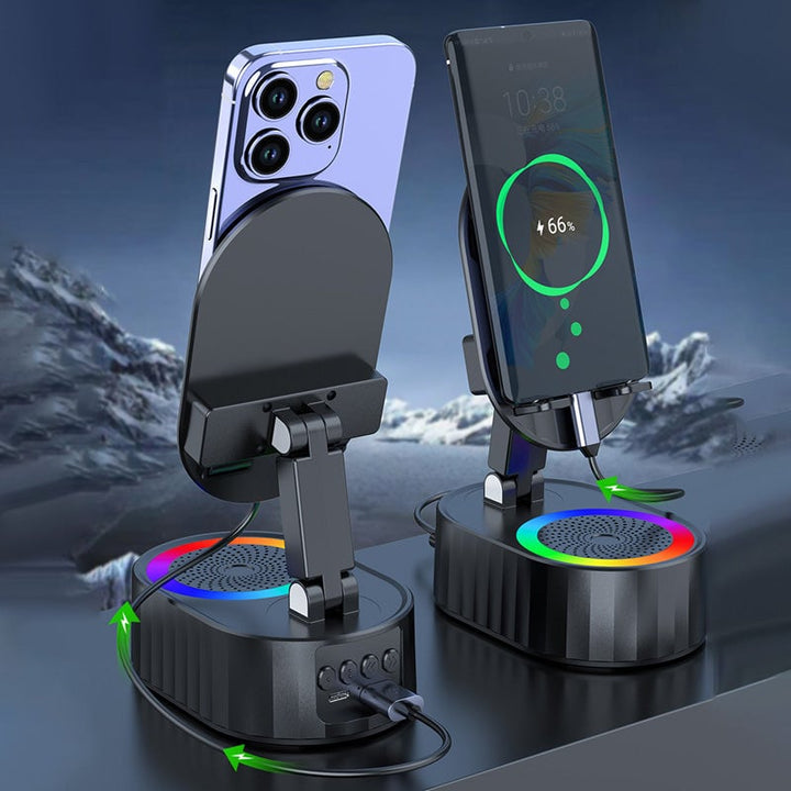 "Induktivt högtalarstativ med Bluetooth, LED-ljus och justerbart stativ, ger kraftfullt ljud och färgstämning."