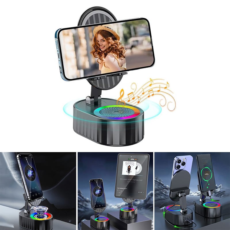 "Induktivt högtalarstativ med Bluetooth, LED-ljus och justerbart stativ, ger kraftfullt ljud och färgstämning."