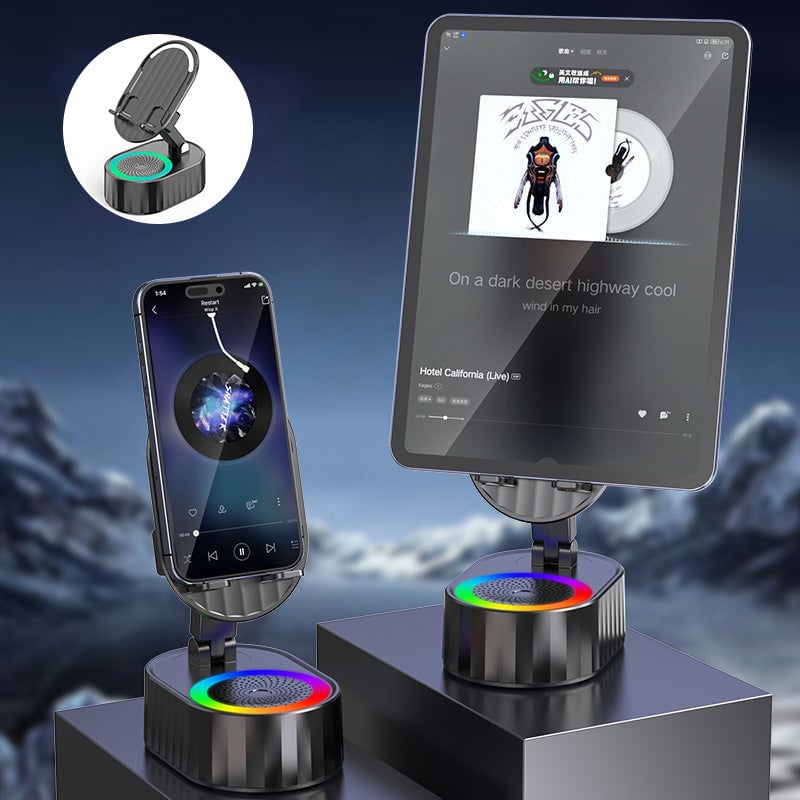 "Induktivt högtalarstativ med Bluetooth, LED-ljus och justerbart stativ, ger kraftfullt ljud och färgstämning."