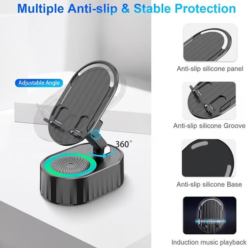 "Induktivt högtalarstativ med Bluetooth, LED-ljus och justerbart stativ, ger kraftfullt ljud och färgstämning."