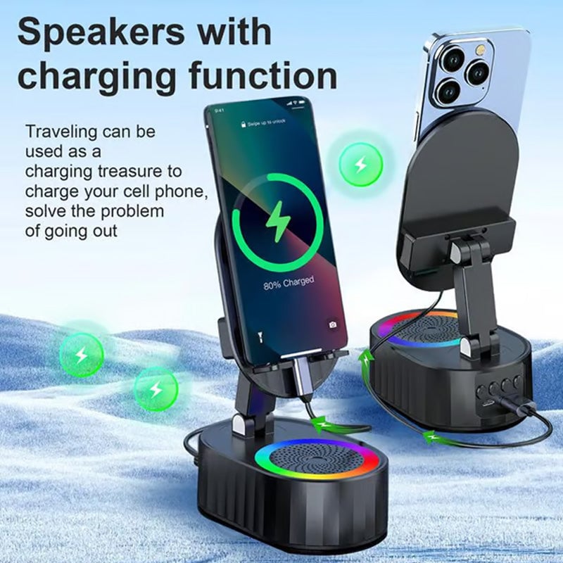 "Induktivt högtalarstativ med Bluetooth, LED-ljus och justerbart stativ, ger kraftfullt ljud och färgstämning."