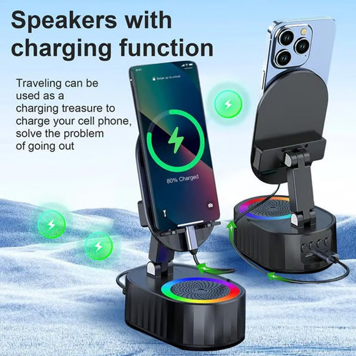 "Induktivt högtalarstativ med Bluetooth, LED-ljus och justerbart stativ, ger kraftfullt ljud och färgstämning."