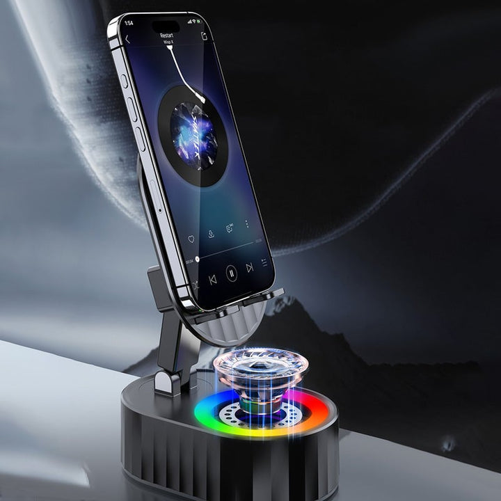 "Induktivt högtalarstativ med Bluetooth, LED-ljus och justerbart stativ, ger kraftfullt ljud och färgstämning."