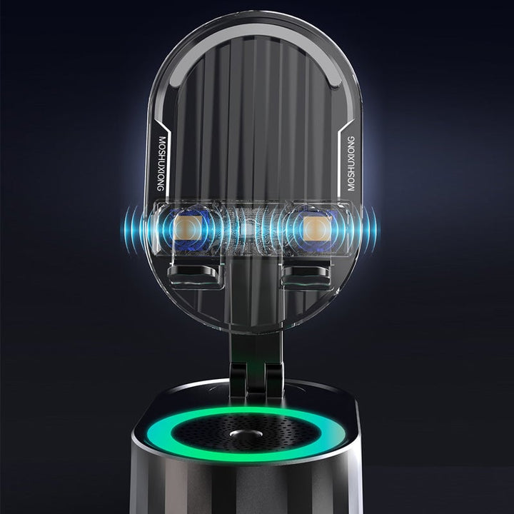 "Induktivt högtalarstativ med Bluetooth, LED-ljus och justerbart stativ, ger kraftfullt ljud och färgstämning."