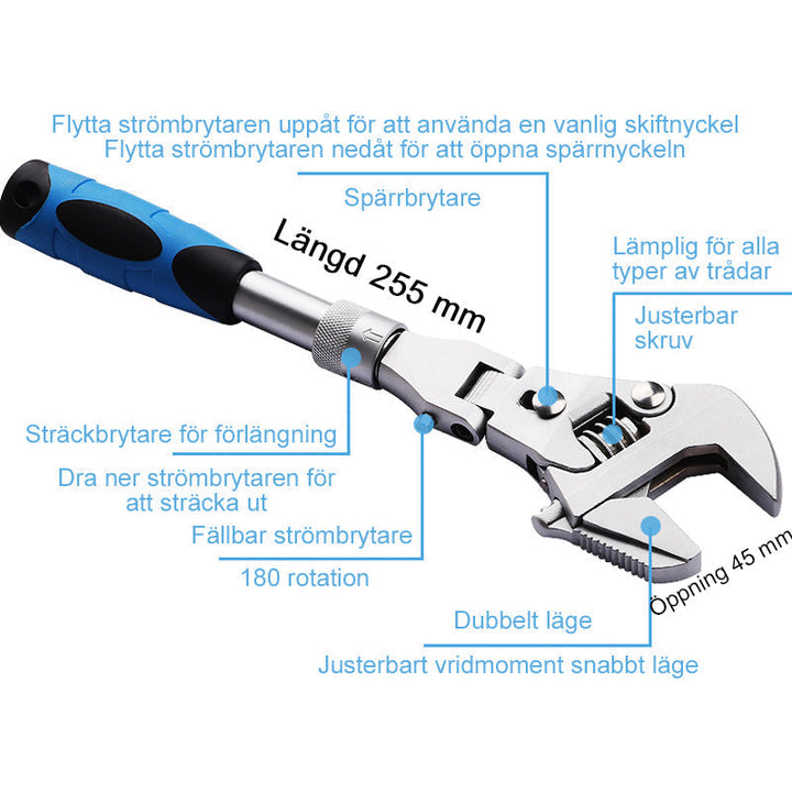 "Infällbar justerbar skiftnyckel med spärr, 180° rotation, krom-molybdenstål, för svåråtkomliga reparationer."