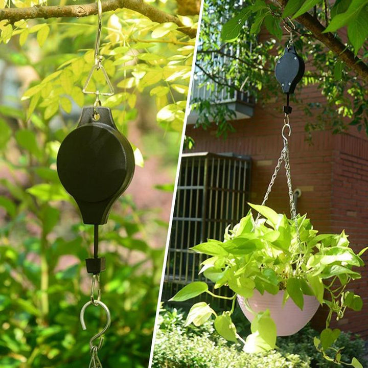 "Infällbar svart krok för trädgårdskorgar och fågelmatare, justerbar höjd, robust design för elegant dekoration"