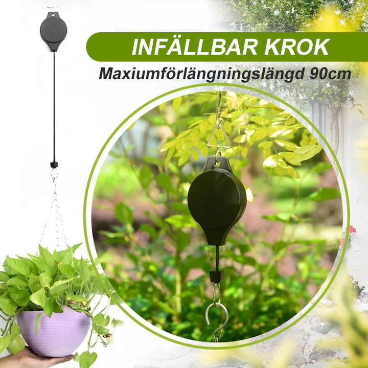 "Infällbar svart krok för trädgårdskorgar och fågelmatare, justerbar höjd, robust design för elegant dekoration"