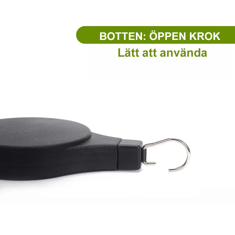 "Infällbar svart krok för trädgårdskorgar och fågelmatare, justerbar höjd, robust design för elegant dekoration"