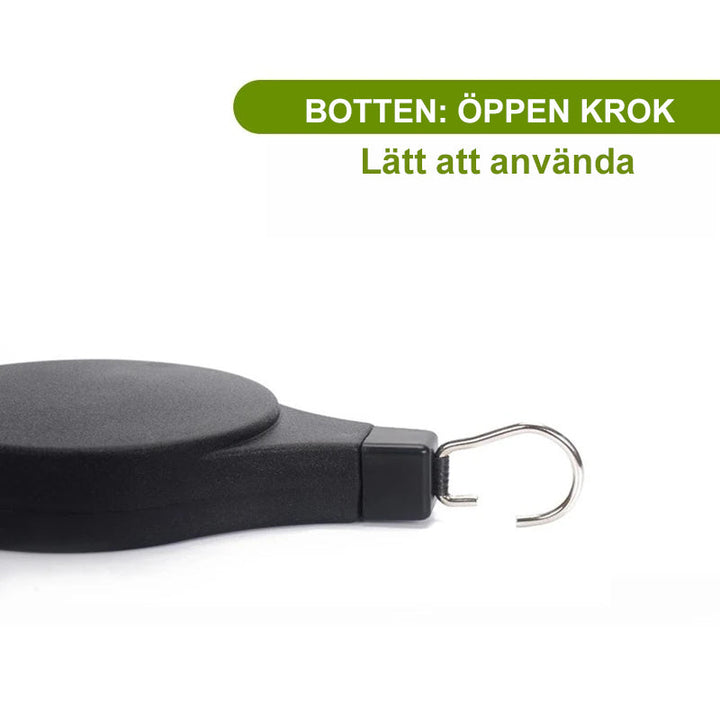 "Infällbar svart krok för trädgårdskorgar och fågelmatare, justerbar höjd, robust design för elegant dekoration"