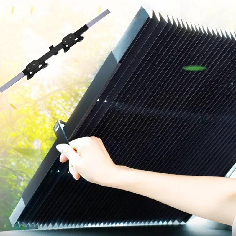 "Infällbart bilsolskydd med reflekterande aluminiumfilm, förstärkt med sugkoppar för enkel montering och förvaring."