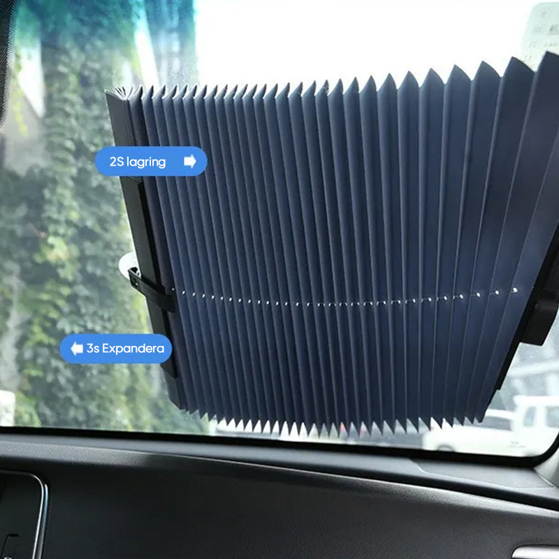 "Infällbart bilsolskydd med reflekterande aluminiumfilm, förstärkt med sugkoppar för enkel montering och förvaring."