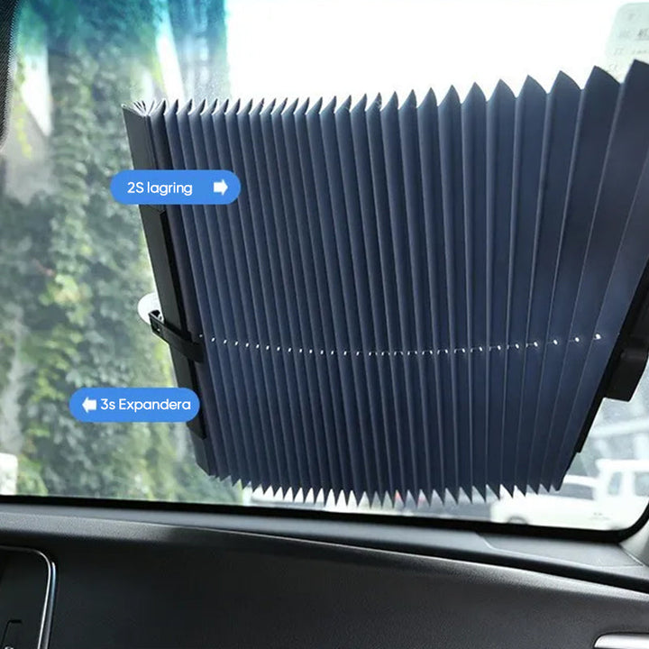 "Infällbart bilsolskydd med reflekterande aluminiumfilm, förstärkt med sugkoppar för enkel montering och förvaring."