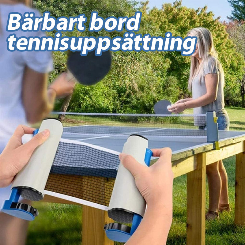 "Infällbart bordtennisnät, justerbart upp till 200 cm, högdensitetsnylon, kompakt förvaring, inomhus/utomhusbruk."