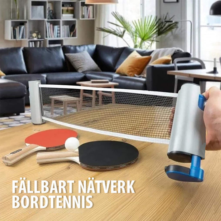 "Infällbart bordtennisnät, justerbart upp till 200 cm, högdensitetsnylon, kompakt förvaring, inomhus/utomhusbruk."