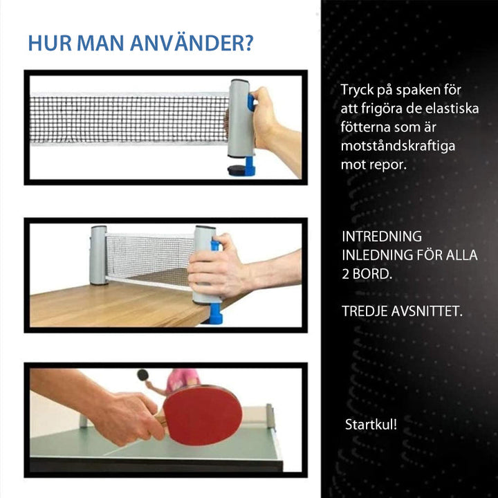 "Infällbart bordtennisnät, justerbart upp till 200 cm, högdensitetsnylon, kompakt förvaring, inomhus/utomhusbruk."