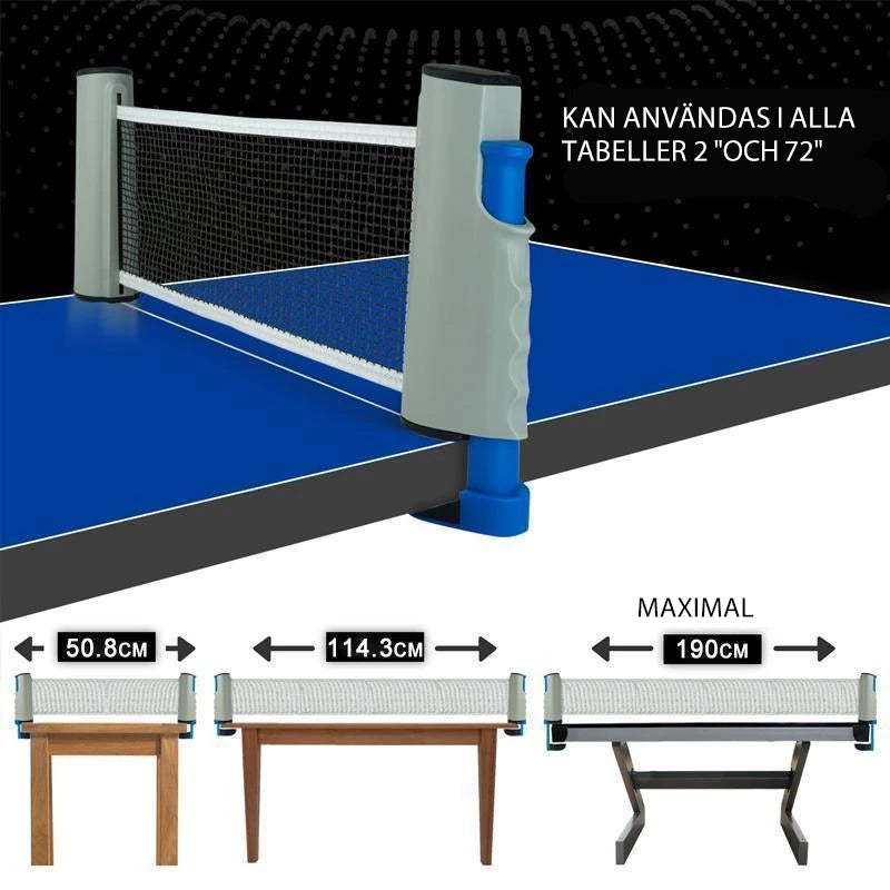 "Infällbart bordtennisnät, justerbart upp till 200 cm, högdensitetsnylon, kompakt förvaring, inomhus/utomhusbruk."
