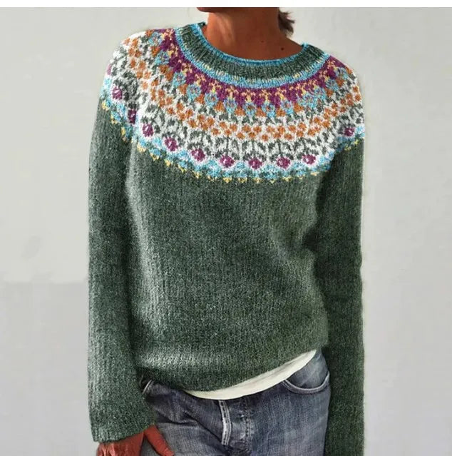 "Ingrid stickad tröja dam, ullblandning, skandinavisk design, vintagecharm, mjuk textur, mångsidig och stilfull."