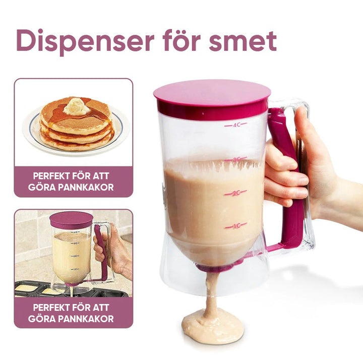 "Innovativ smetdispenser i hållbar plast för perfekt portionering av pannkakssmet och cupcakefyllning."