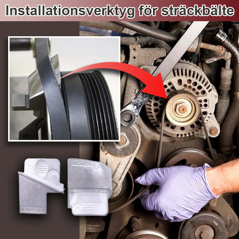 "Innovativt motorbältesverktyg i metall och plast för snabb installation, kompakt och hållbart för garagearbete."