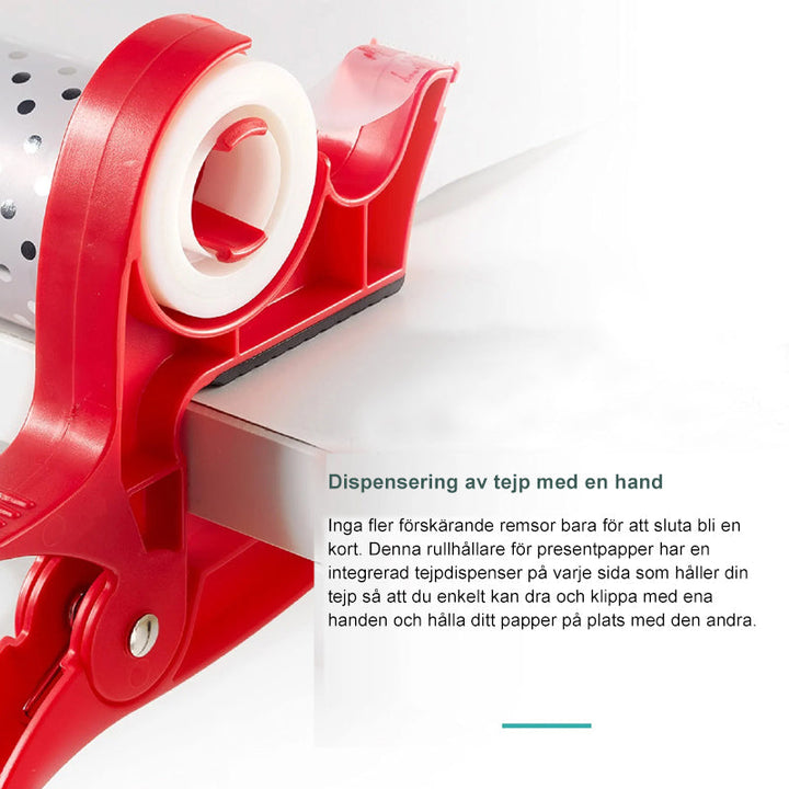 "Inslagningverktyg i röd och grå plast för presentinpackning, justerbar för olika pappersstorlekar."
