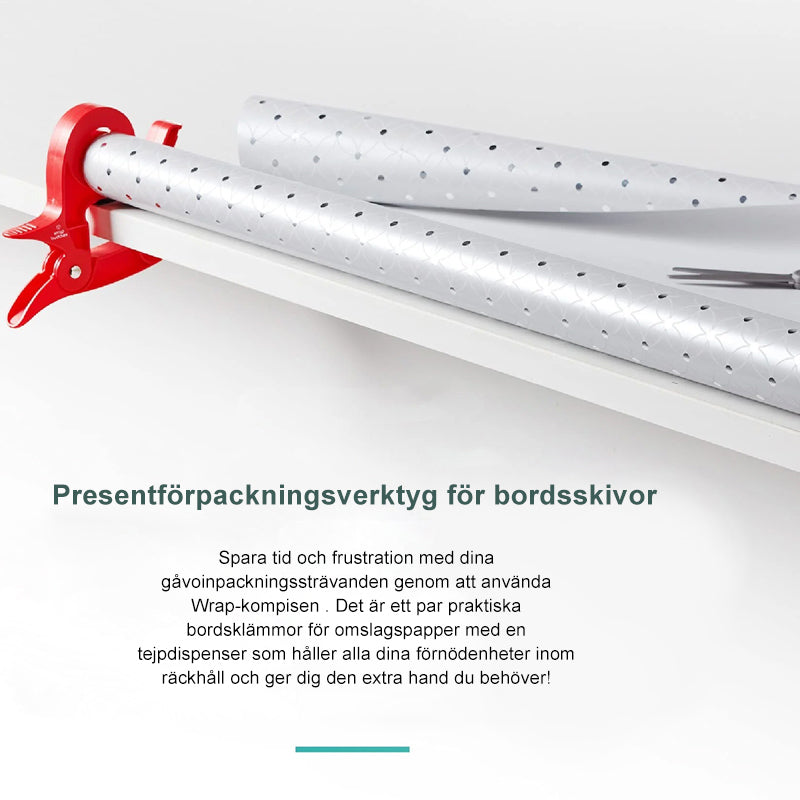 "Inslagningverktyg i röd och grå plast för presentinpackning, justerbar för olika pappersstorlekar."