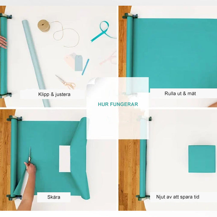 "Inslagningverktyg i röd och grå plast för presentinpackning, justerbar för olika pappersstorlekar."