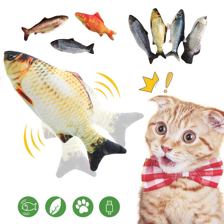 Interaktiv kattfiskleksak med USB-laddning; realistisk bomullsfisk som rör sig automatiskt, perfekt för kattens lekstunden.