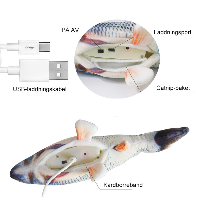 Interaktiv kattfiskleksak med USB-laddning; realistisk bomullsfisk som rör sig automatiskt, perfekt för kattens lekstunden.