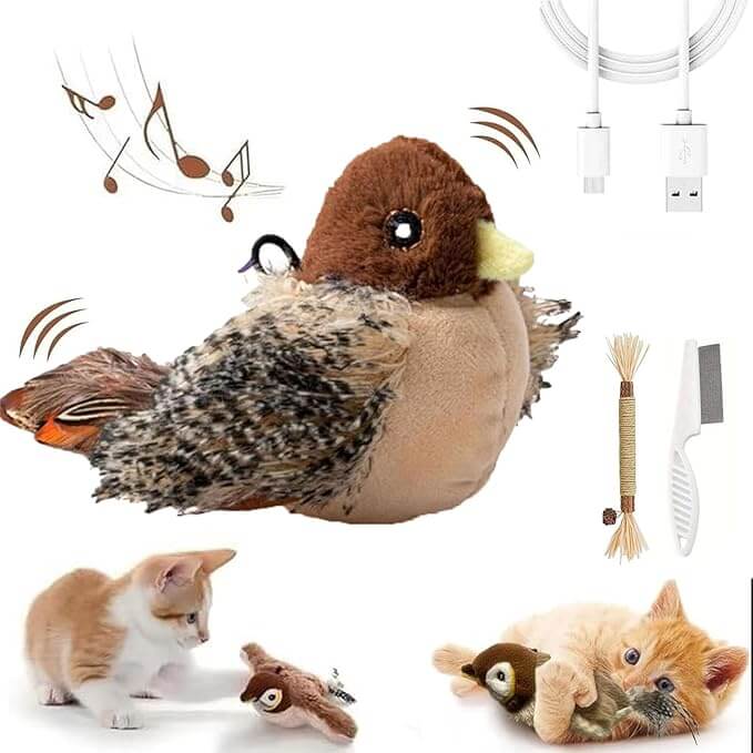 "Interaktiv kattleksak fågel med realistiskt utseende, fladdrande vingar, catnip och USB-laddning för aktiv kattlek."