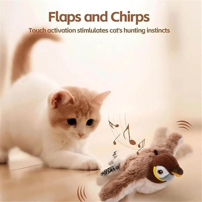 "Interaktiv kattleksak fågel med realistiskt utseende, fladdrande vingar, catnip och USB-laddning för aktiv kattlek."