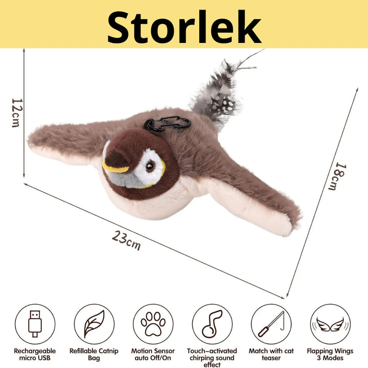 "Interaktiv kattleksak Volino Spinnande Sparv med realistisk design, kattmynta och USB-laddning för lek och aktivering."