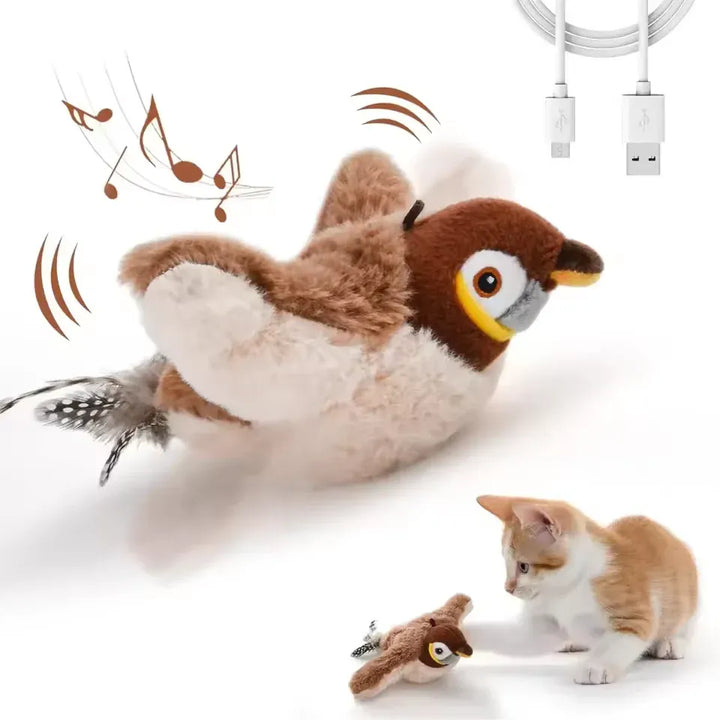 "Interaktiv kattleksak Volino Spinnande Sparv med realistisk design, kattmynta och USB-laddning för lek och aktivering."