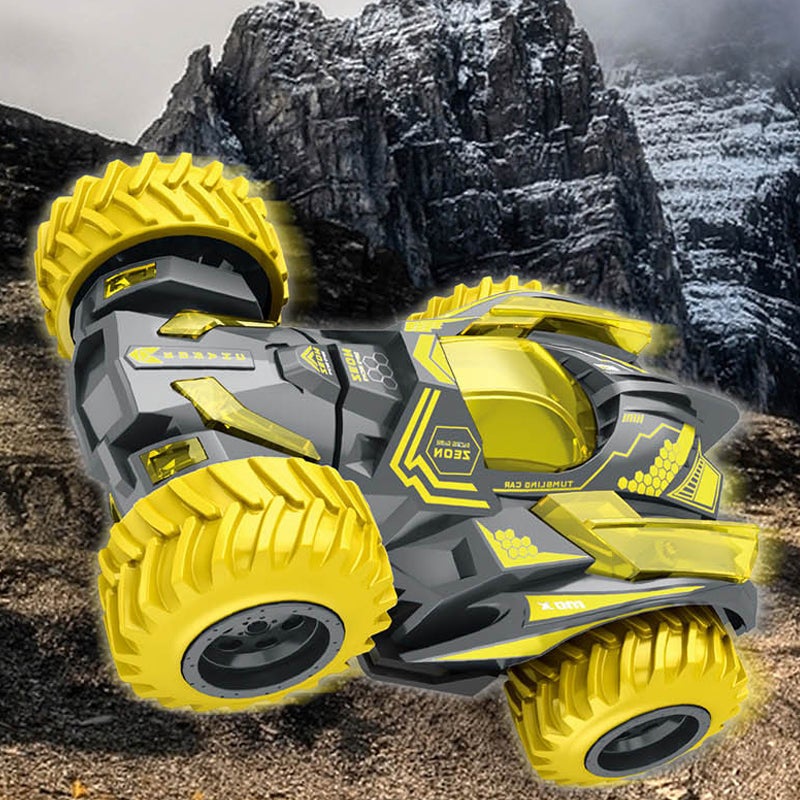 "Interaktiv offroad bil leksak med 360° rotation, robusta däck för terräng, färgglad design för barn över 3 år."