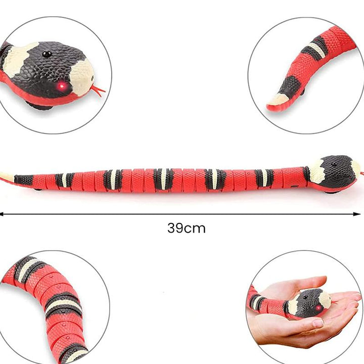 "Interaktiv ormleksak för husdjur, realistisk design med S-form rörelser, smart avkänning och ljuseffekter."