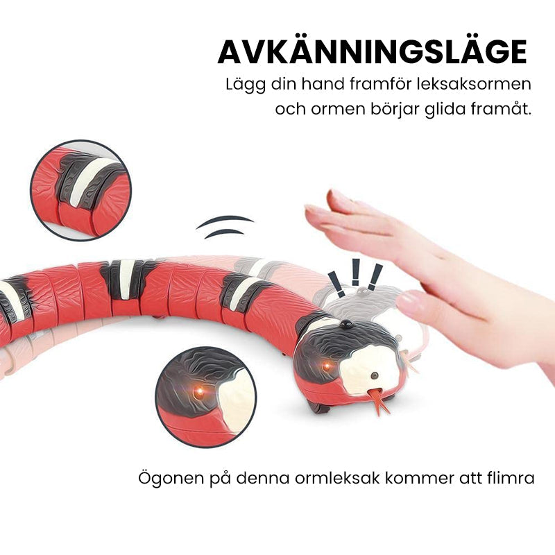"Interaktiv ormleksak för husdjur, realistisk design med S-form rörelser, smart avkänning och ljuseffekter."