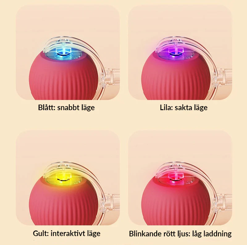 "Interaktiv röd kattleksak, rund boll med ljus, ljud och kattjaktstimulerande rörelser, på grått trägolv."