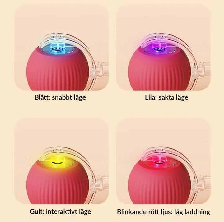 "Interaktiv röd kattleksak, rund boll med ljus, ljud och kattjaktstimulerande rörelser, på grått trägolv."