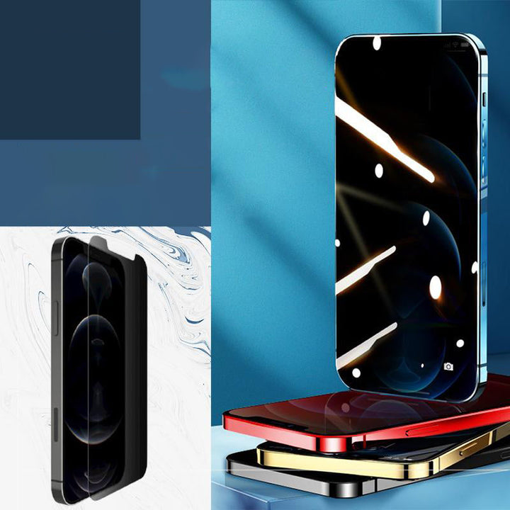 "iPhone skärmskydd i härdat glas med integritetsskydd, skydd mot repor och nyfikna blickar, komplett skärmtäckning."