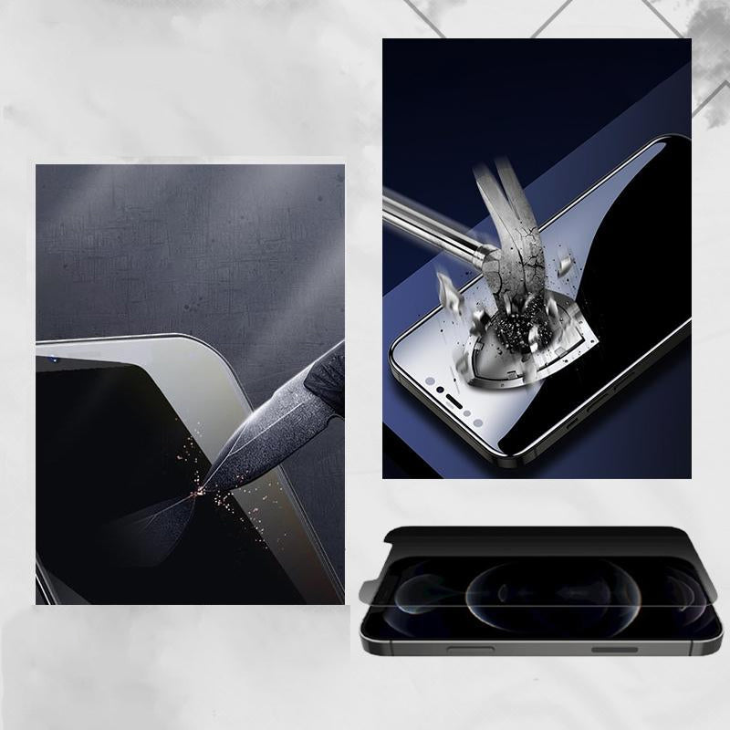 "iPhone skärmskydd i härdat glas med integritetsskydd, skydd mot repor och nyfikna blickar, komplett skärmtäckning."