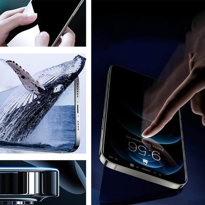 "iPhone skärmskydd i härdat glas med integritetsskydd, skydd mot repor och nyfikna blickar, komplett skärmtäckning."