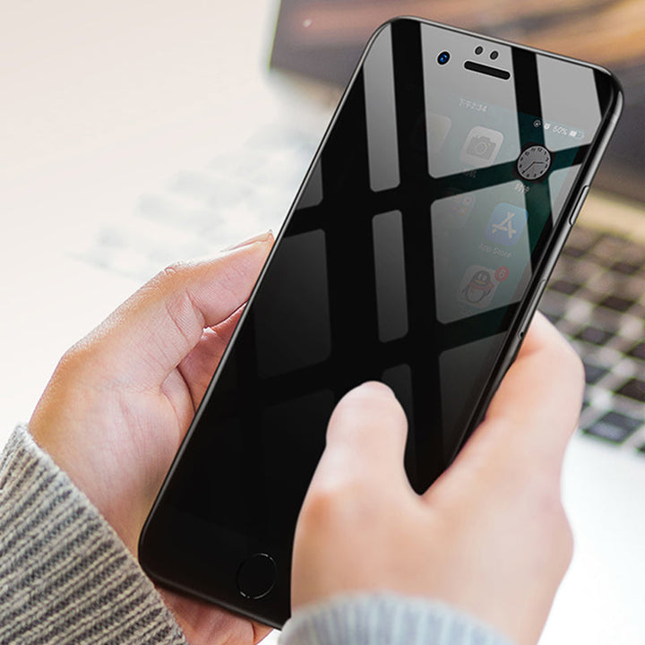 "iPhone skärmskydd i härdat glas med integritetsskydd, skydd mot repor och nyfikna blickar, komplett skärmtäckning."