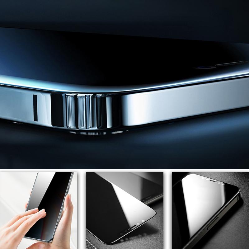 "iPhone skärmskydd i härdat glas med integritetsskydd, skydd mot repor och nyfikna blickar, komplett skärmtäckning."