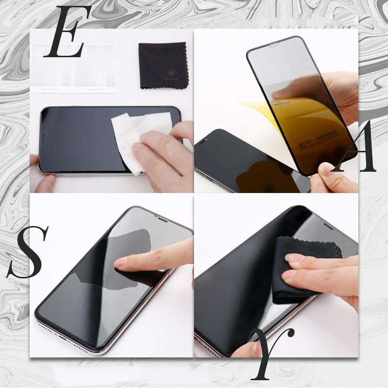 "iPhone skärmskydd i härdat glas med integritetsskydd, skydd mot repor och nyfikna blickar, komplett skärmtäckning."