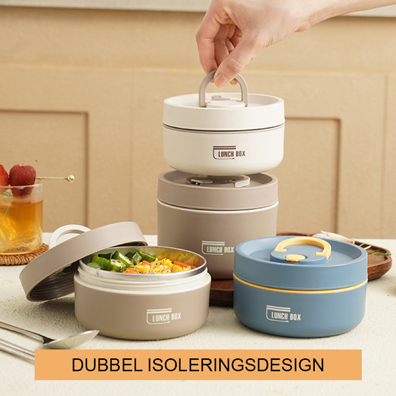"Isolerad bärbar lunchlåda i blått, brun och beige. Vakuumisolerad för värme och läckagesäker design för mat på språng."