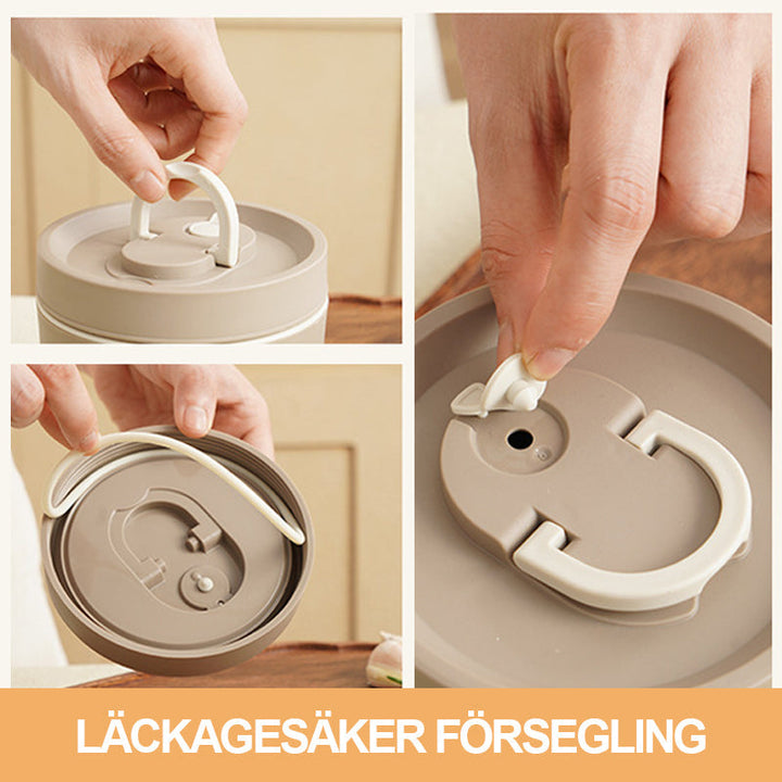 "Isolerad bärbar lunchlåda i blått, brun och beige. Vakuumisolerad för värme och läckagesäker design för mat på språng."
