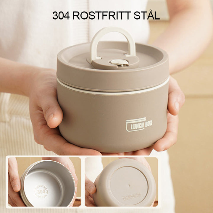 "Isolerad bärbar lunchlåda i blått, brun och beige. Vakuumisolerad för värme och läckagesäker design för mat på språng."