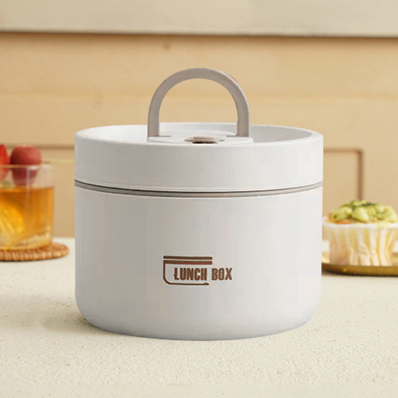 "Isolerad bärbar lunchlåda i blått, brun och beige. Vakuumisolerad för värme och läckagesäker design för mat på språng."