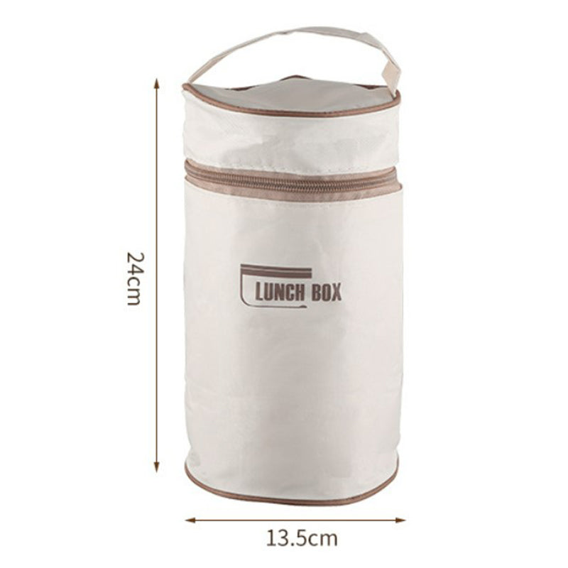 "Isolerad bärbar lunchlåda i blått, brun och beige. Vakuumisolerad för värme och läckagesäker design för mat på språng."