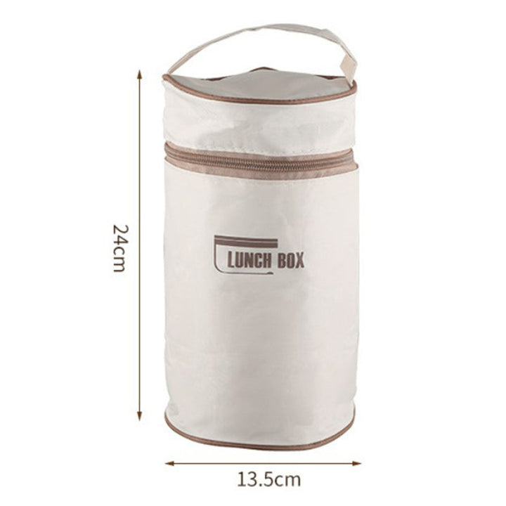 "Isolerad bärbar lunchlåda i blått, brun och beige. Vakuumisolerad för värme och läckagesäker design för mat på språng."