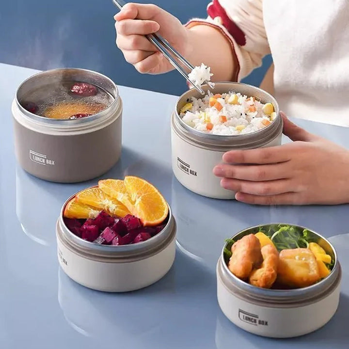 "Isolerad bärbar lunchlåda i blått, brun och beige. Vakuumisolerad för värme och läckagesäker design för mat på språng."